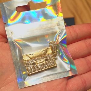 NWT GOLD-TONED BLINGED-OUT 1980'S-Inspired Cassette Tape Necklace Pendant!